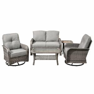 Denali Gray 5-Piece 4-Seat Wicker Modern Outdoor Patio Conversation Sofa Swivel Chair Set with Dark Gray Cushions