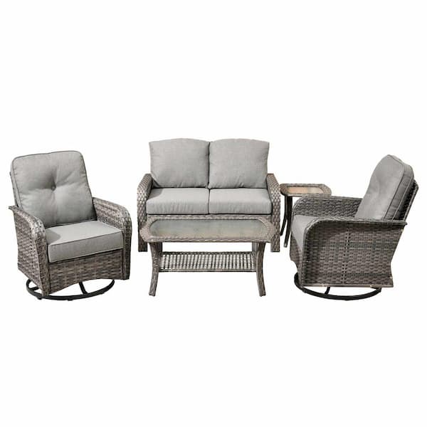Denali Gray 5-Piece 4-Seat Wicker Modern Outdoor Patio Conversation Sofa Swivel Chair Set with Dark Gray Cushions