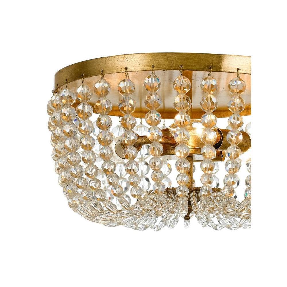 Antique Gold Crystal Flush Mount with Natural Wood Beads