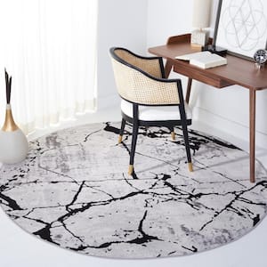 Amelia Gray/Black Doormat 3 ft. x 3 ft. Round Abstract Distressed Area Rug