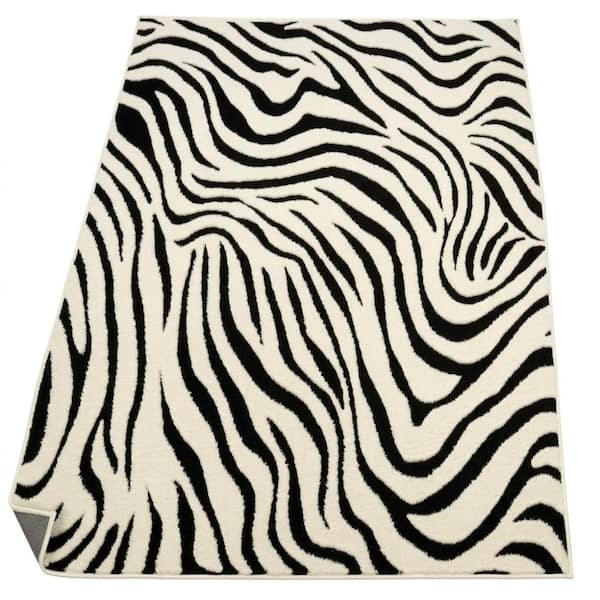 5'x7' Modern Washable Area Rug, Non Slip Striped Carpet, Black Cream White