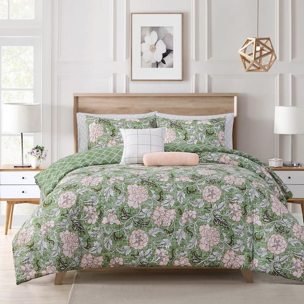 9-Piece Green Peony Garden Queen Bed in a Bag Microfiber Comforter Set