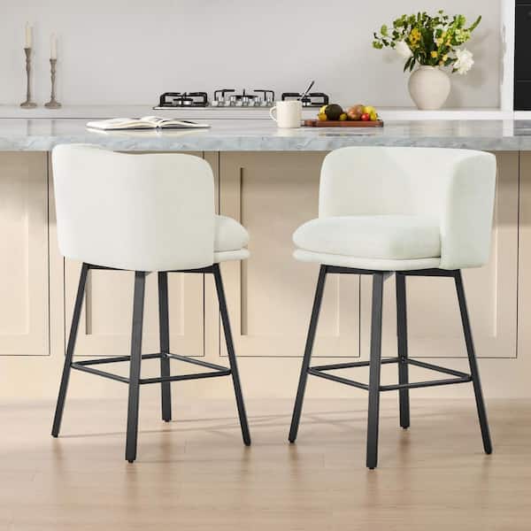 Roux 35.04 in. H Beige Fabric Metal Frame Modern Swivel Barrel Bar Stools with Footrest and Plush Cusion （Set of 2)