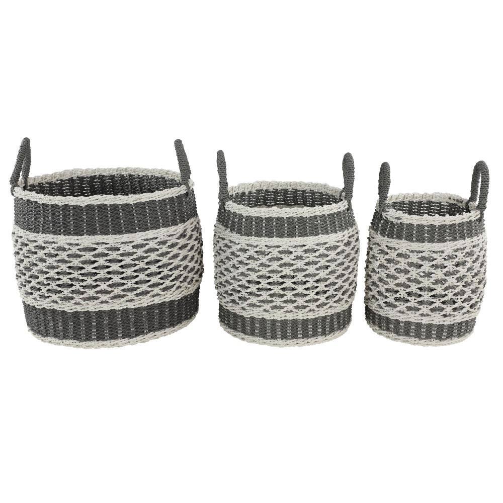 Gray and Beige Round Woven Plastic Storage Baskets, Set of 3