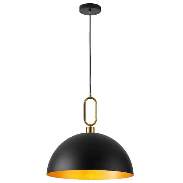 1-Light Black and Gold Dome Hanging Pendant Light Chandelier with Metal Cover for Kitchen Island