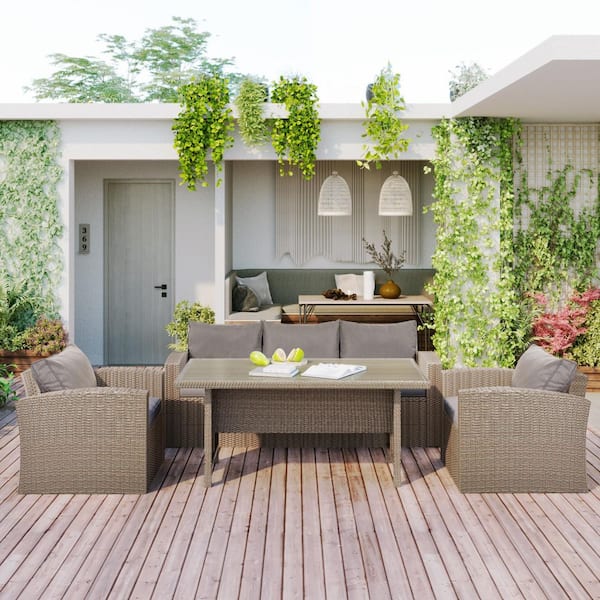 Tunearary Patio Furniture Set 4-Piece Wicker Outdoor Conversation Sofa Sectional Set with Gray Cushions