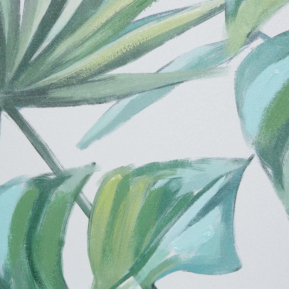 Green Tropical Leaf Framed Canvas Wall Art Set with Silver Frame