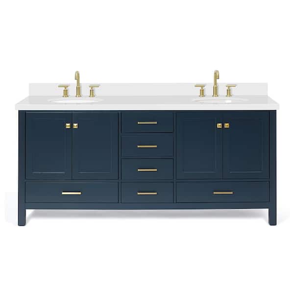Cambridge 72 in. Double Sink Freestanding Bathroom Vanity in Midnight Blue with Pure White Quartz Top