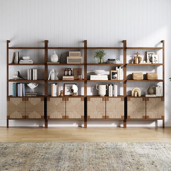 Beacon 72 in. Tall Dark Brown Solid Wood 3-Shelf Boho Bookcase with Seagrass Cabinet, (Set of 4)