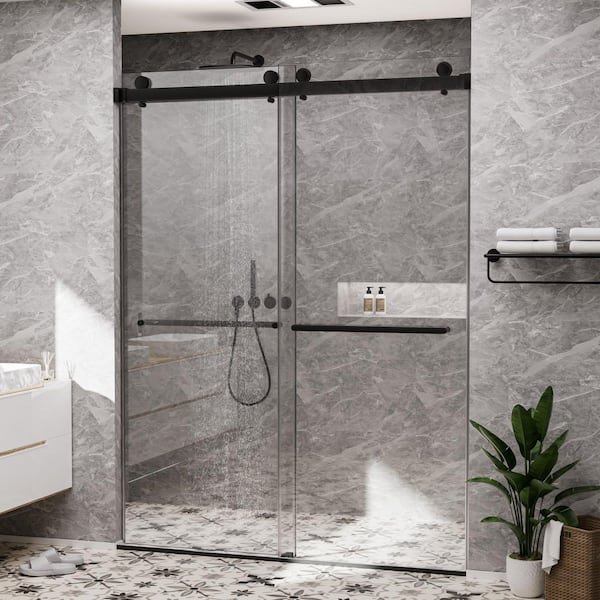 60 in. W x 72 in. H Double Sliding Frameless Shower Door in Matte Black with Smooth Sliding and 3/8 in. SGCC Clear Glass