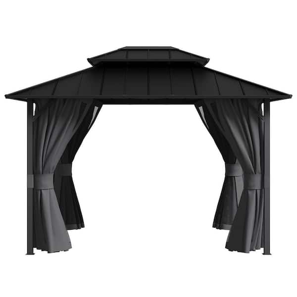10 Ft. W X 12 Ft. D Outdoor Metal Ventilated Double Roof Patio Gazebo With Gray Netting And Curtains