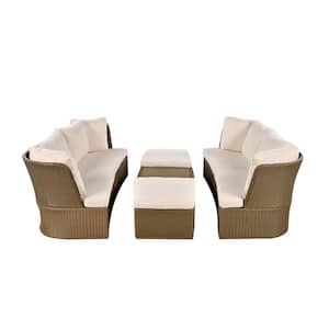 5 Pieces Wicker Patio Conversation Set Furniture Sofa Set with Ottomans Beige Cushions and Coffee Table for Garden