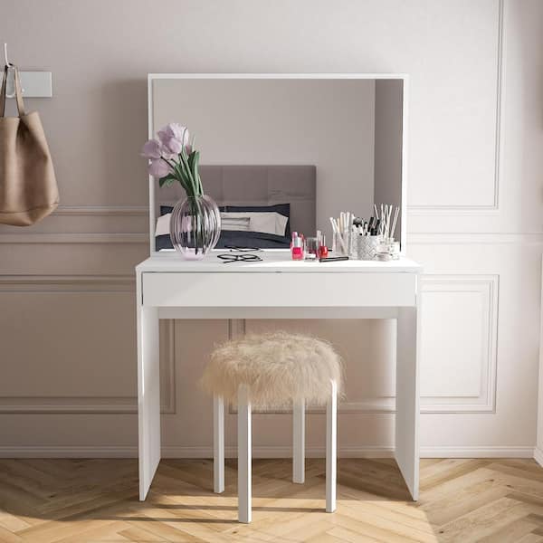 Polifurniture Virginia White 1-Drawer Makeup Vanity with Mirror