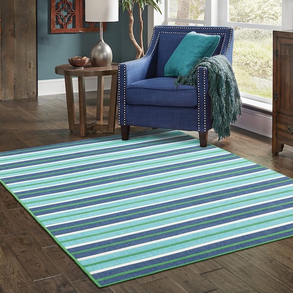 Trolley Aqua/Navy 9 ft. x 13 ft. Indoor/Outdoor Patio Area Rug