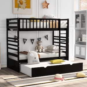 Brown Twin Bunk Beds for Kids with Safety Rail and Movable Trundle Bed