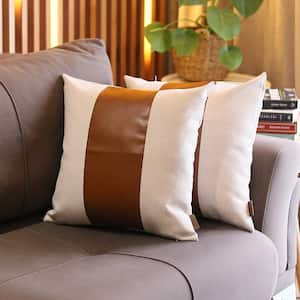 Bohemian Vegan Faux Leather Ivory and Brown 18 in. x 18 in. Square Solid Throw Pillow Set of 2