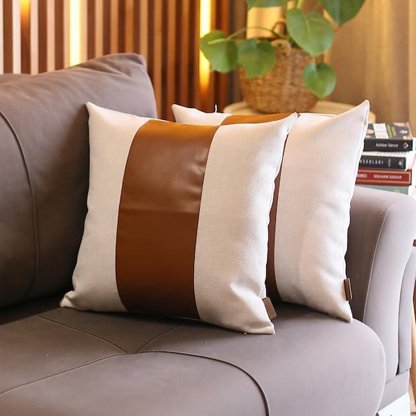 MIKE & Co. NEW YORK Bohemian Vegan Faux Leather Ivory and Brown 18 in. x 18 in. Square Solid Throw Pillow Set of 2