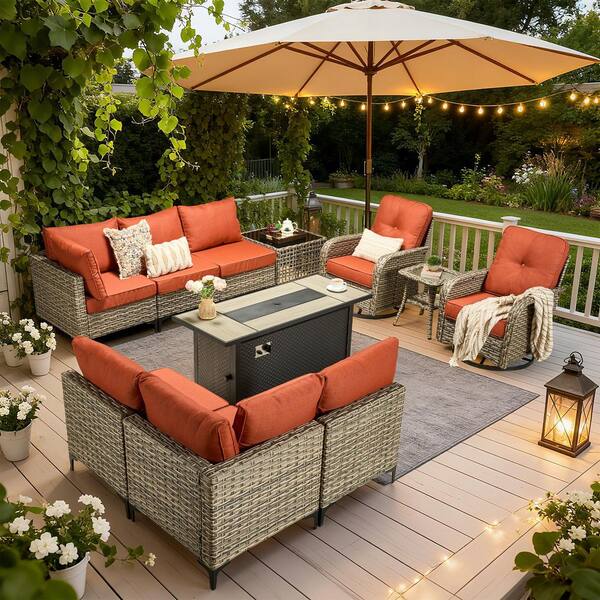 Solvoc 11-Piece Wicker Outdoor Patio Conversation Set with 54 in. Fire Pit Table, Orange Red Cushions and Swivel Chairs