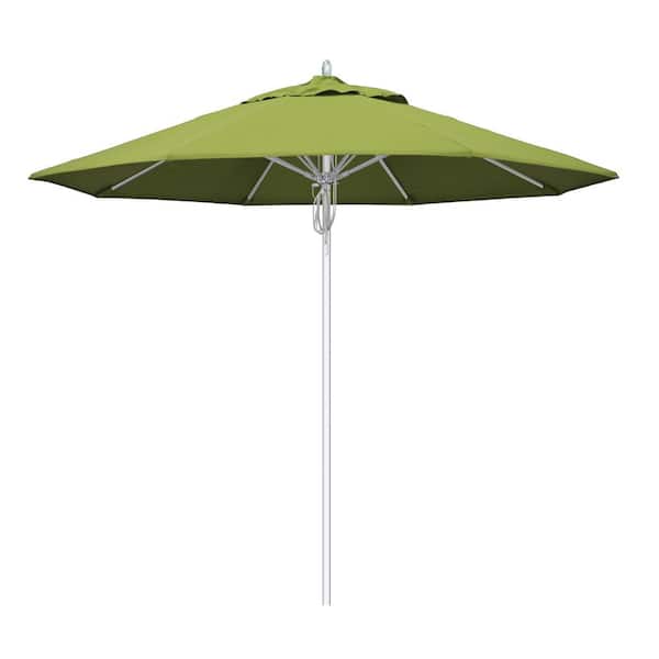 California Umbrella 9 ft. Silver Aluminum Commercial Fiberglass Ribs Market Patio Umbrella and Pulley Lift in Macaw Sunbrella