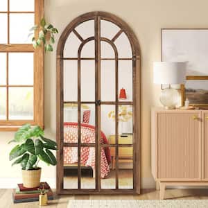 32 in. W x 71 in. H Classic Arched Solid Wood Wall Mirror in Brown