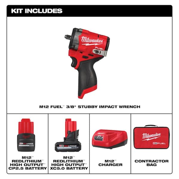 M12 FUEL 12V Li-Ion Brushless Cordless Stubby 3/8 in. Impact Wrench Kit w/(1) 5.0Ah & (1) 2.5 Ah High Output Batteries