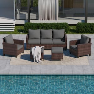 5-Piece Brown Wicker Outdoor Conversation Seating Sofa Set, Gray Cushions with 3-Seater Sofa, Ottomans