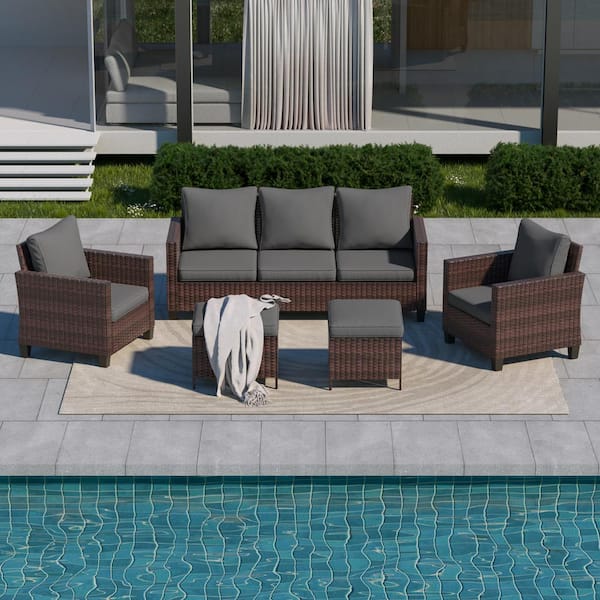 5-Piece Brown Wicker Outdoor Conversation Seating Sofa Set, Gray Cushions with 3-Seater Sofa, Ottomans