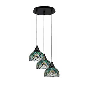 Savannah 8 in. 3-Light Matte Black Cord Pendant Light Turquoise Cypress Art Glass Shade