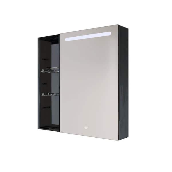 FORCLOVER 30 in. W x 30 in. H Rectangular Black Aluminum Surface Mount Medicine Cabinet with Mirror and Open Shelves (Right Open)
