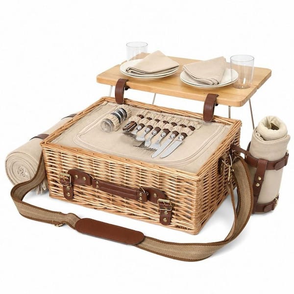 Natural Multifunctional Wicker Picnic Basket Set for 2 with Blanket Picnic Table, Insulated Picnic Set with Tablewares