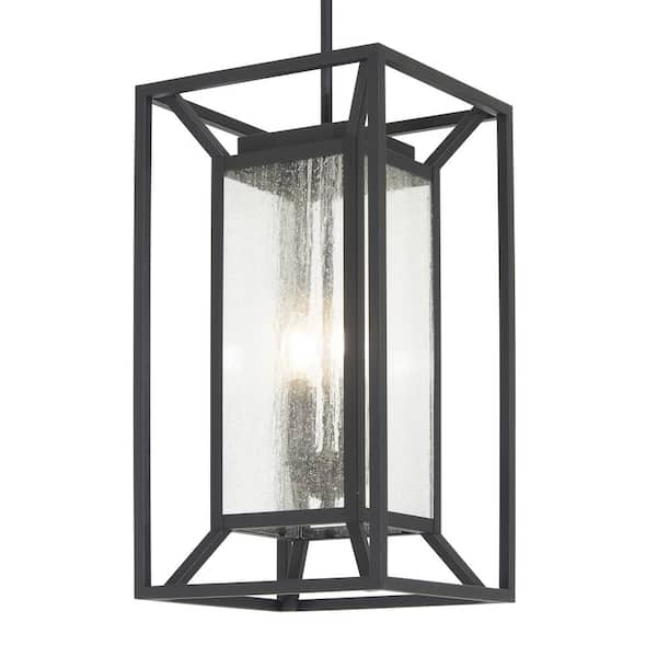 Minka Lavery Harbor View 4-Light Sand Black Outdoor Lantern Pendant with Clear Seeded Glass