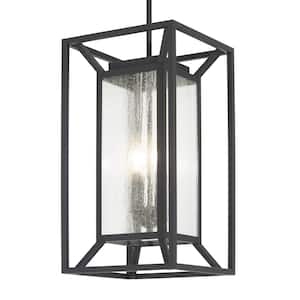 Harbor View 4-Light Sand Black Outdoor Lantern Pendant with Clear Seeded Glass