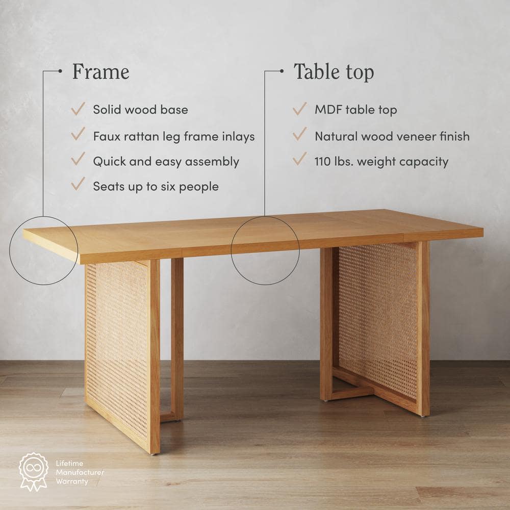 Willow Natural Wood Dining Table with Rattan Accents for 6