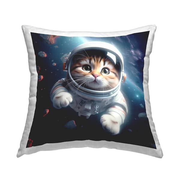 Stupell Industries Astronaut Cat in Space Blue Print Polyester 18 in. x 18 in. Throw Pillow