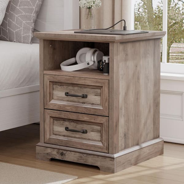 Hommpa Farmhouse Gray/Wash 2-Drawer 17.7 in. W Nightstand with Charging Station and Open Shelf