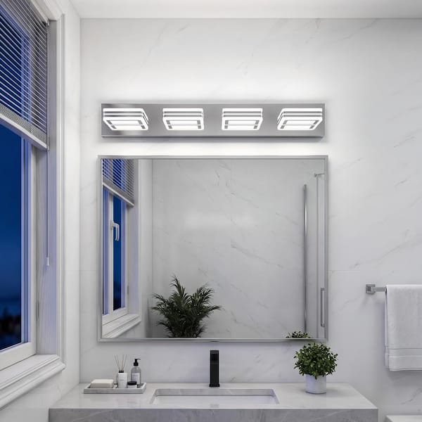 26 in. 4 Light Modern Silver Vanity Light Fixture Bathroom Over Mirror Wall Lights with Iron Acrylic Minimalist Design
