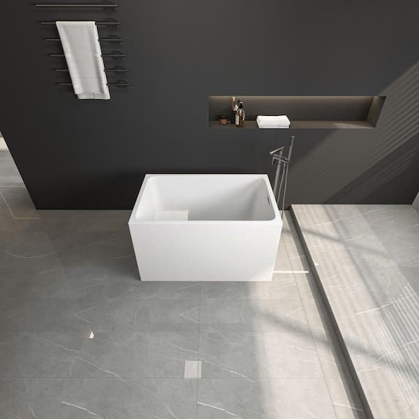 ANGELES HOME 43 in. x 28 in. Acrylic Freestanding Soaking Bathtub with Seat, Chrome Overflow and Pop-Up Drain, Gloss White