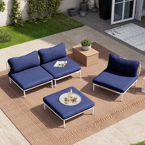 4-Piece Drawcord Metal Outdoor Sectional Set with Navy Blue Cushions