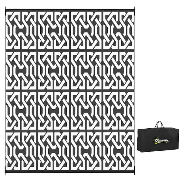 Otryad Reversible Outdoor Rug, 8 ft. x 10 ft. Plastic Waterproof Floor Mat Camping Carpet with Carry Bag, Black and White Chain
