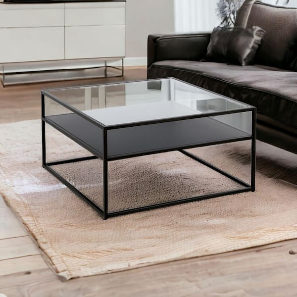 HomeRoots 32 in. Black Square Glass Coffee Table with Shelves Storage