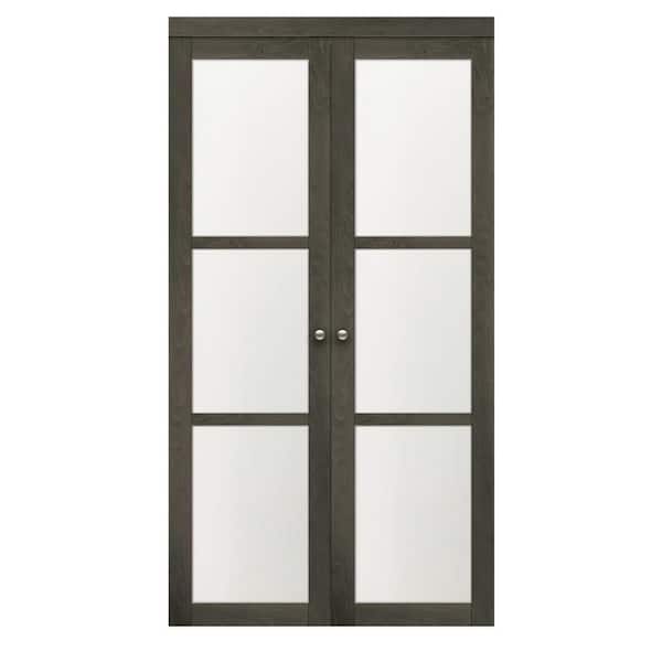 TRUporte 30 in. x 80.25 in. Iron Age 3-Lite Tempered Frosted Glass MDF Interior Pivot Closet Door