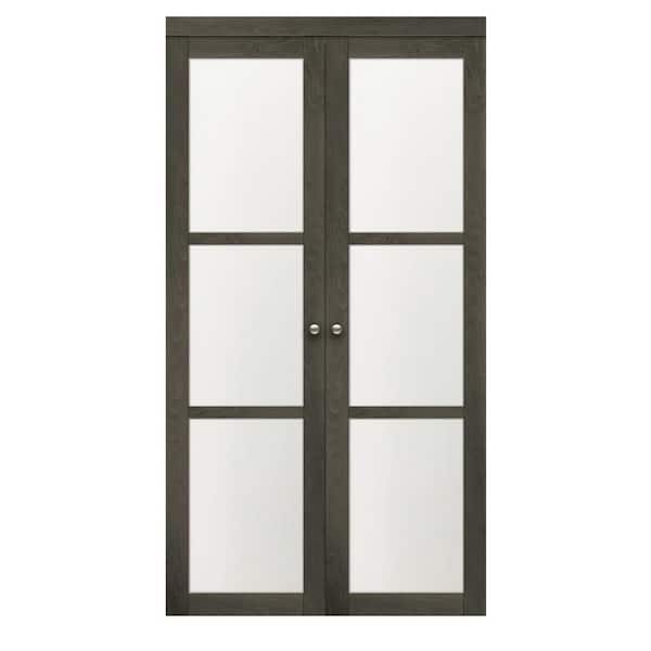 TRUporte 36 in. x 80.25 in. Iron Age 3-Lite Tempered Frosted Glass MDF Interior Pivot Closet Door