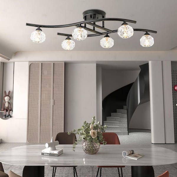 Maxax St. Louis 29.1 in. 6-Light Black Crystal Modern Sputnik Semi Flush Mount Lighting Bedroom Ceiling Lights