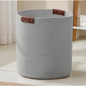 16 in. x 18 in. 100% Cotton Fabric Rope Storage Basket with Leather Handles