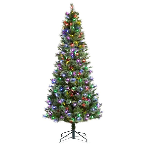 7.5 ft. Pre-Lit Green Cashmere Slim Pine Artificial Christmas Tree with 350 Warm White and Multi-color Globe LED Lights