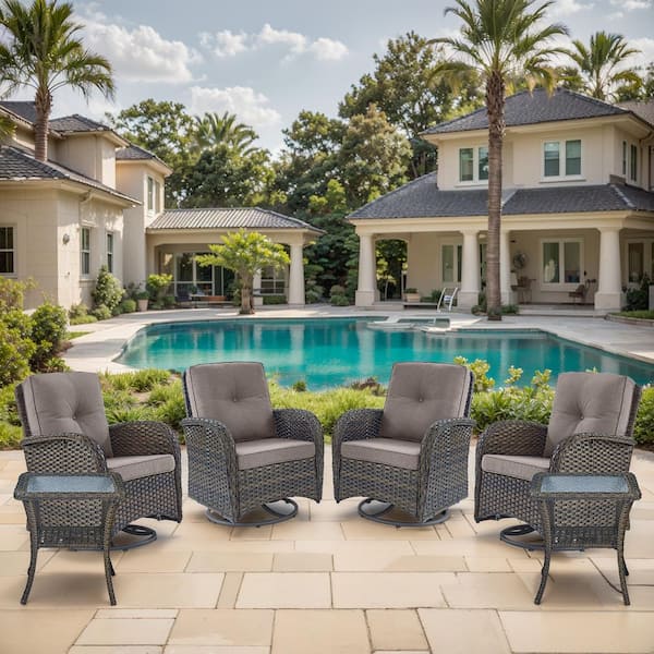 Farmhouse 6-Piece Brown Wicker Outdoor Rocking Chair with Olefin Gray Cushions and Swivel Gliders / Side Tables