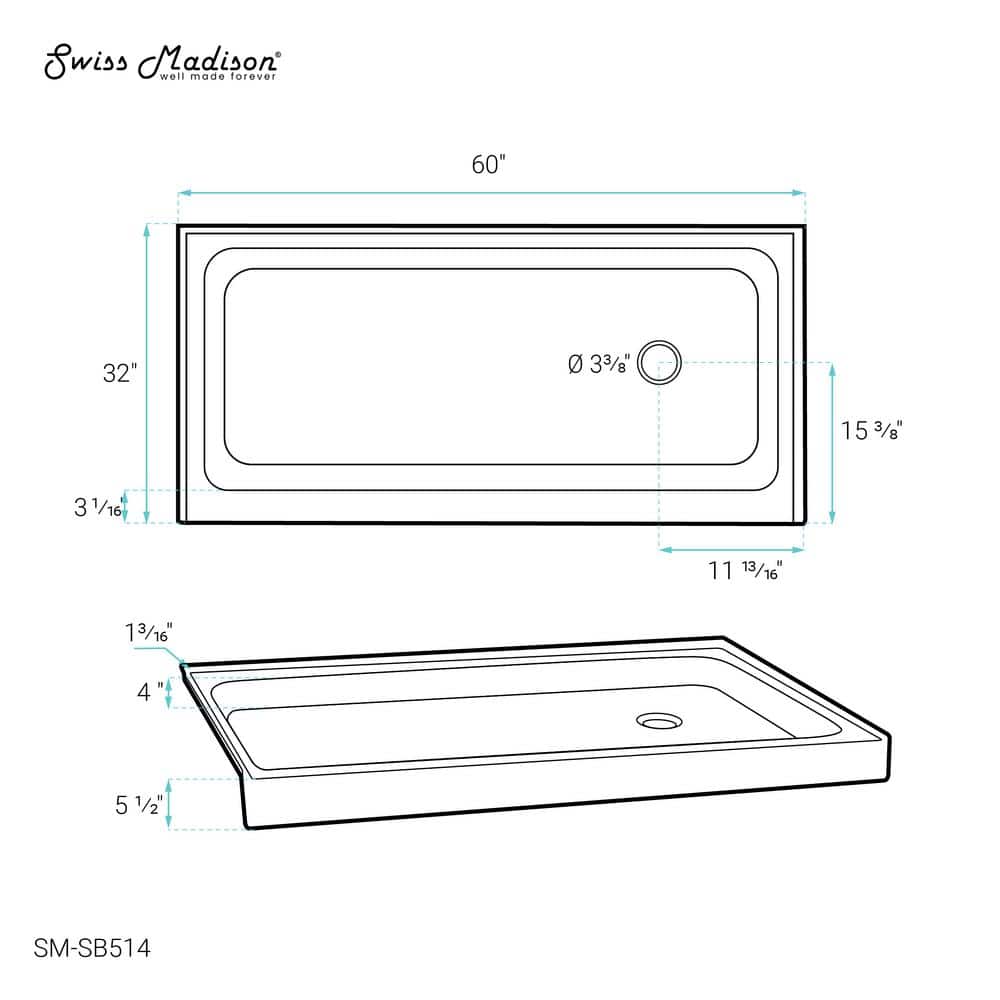 Voltaire 60" x 32" White Acrylic Shower Base with Right-Hand Drain