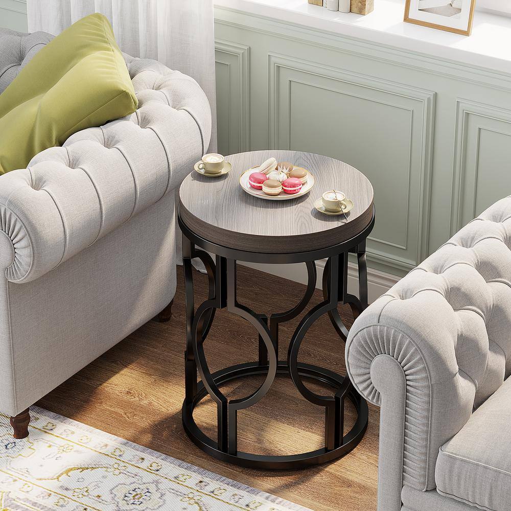 17.72 in. Rustic Brown Round Engineered Wood End Table, Side Table Nightstand with Metal Hollow Frame - thumbnail 3
