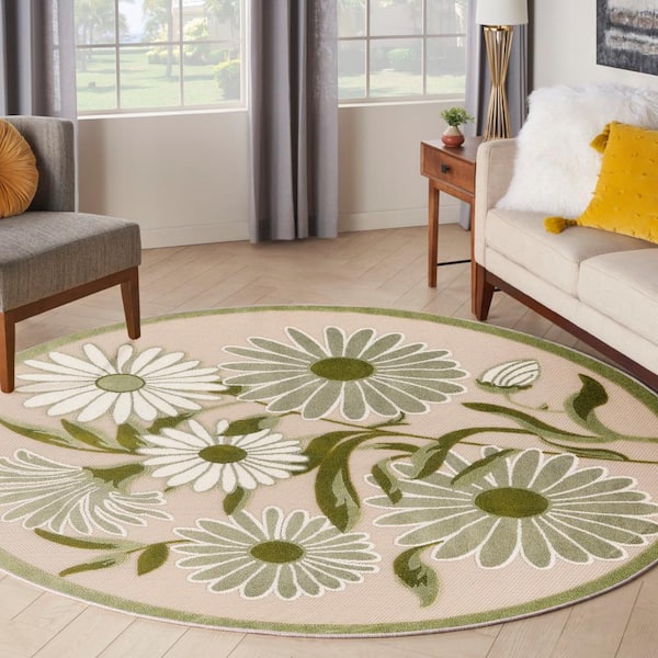 Nourison Aloha Indoor/Outdoor Floral Area Rug - 7'10 x Round - Ivory/Green