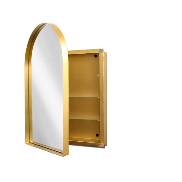 24 in. W x 36 in. H Gold Arched Aluminum Medicine Cabinet with Mirror and Adjustable Shelves for Bathroom